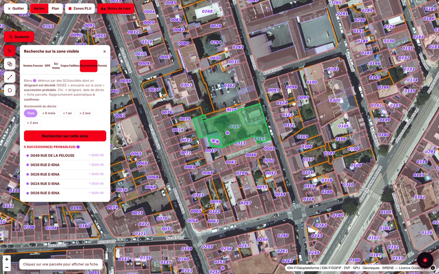 Scanner Successions : cinq successions probables trouvées sur la zone, avec l'adresse du bien et la date du décès, et un filtre d'ancienneté du décès.