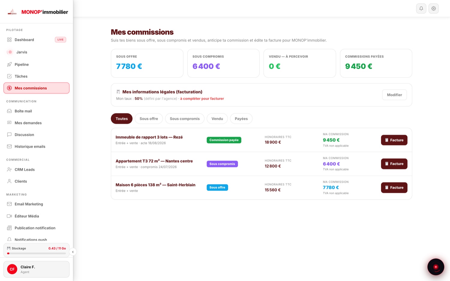 Écran Mes commissions vu par un agent : biens sous offre, sous compromis et vendus, part de l'agent et édition de sa facture.
