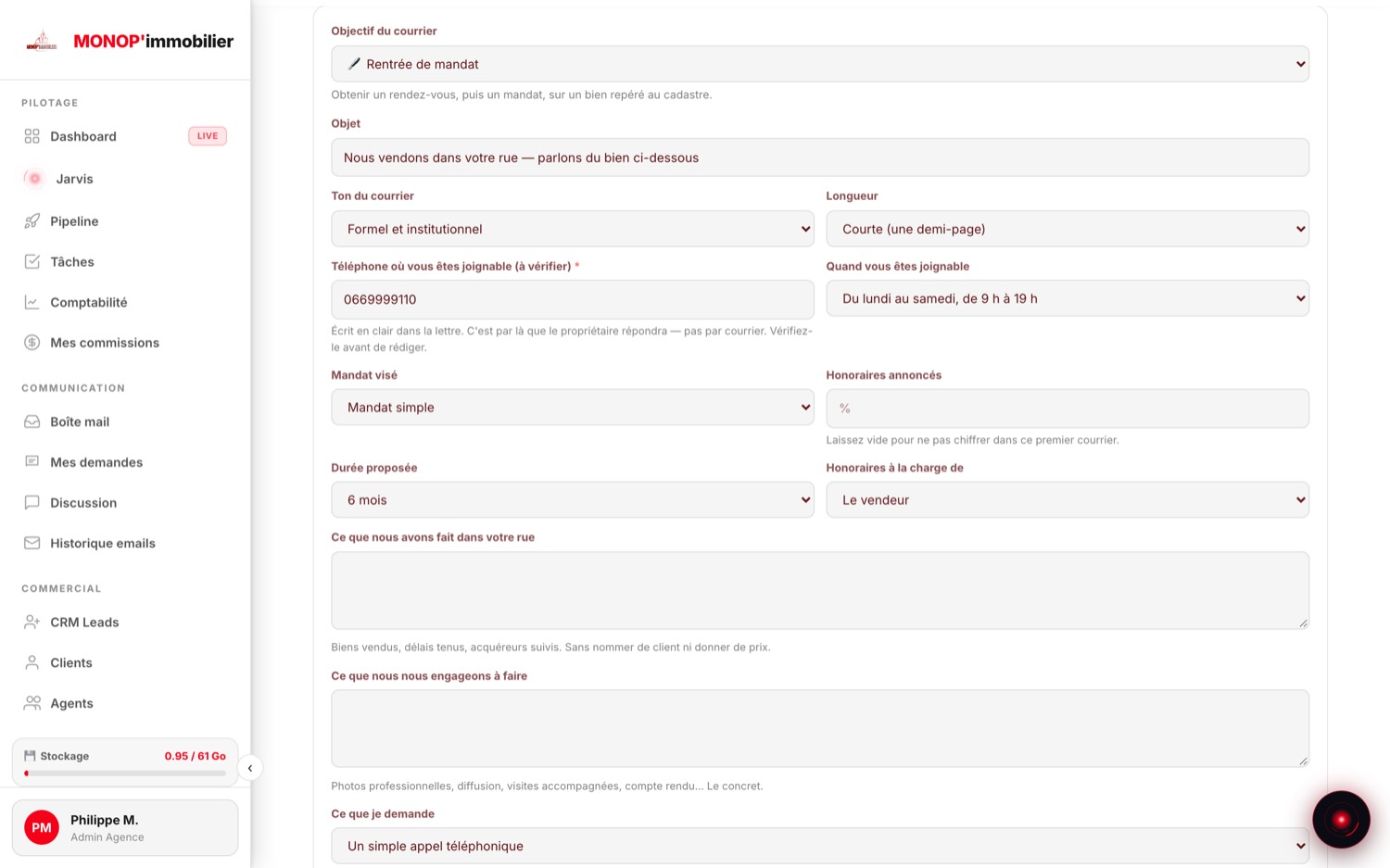 Formulaire d'un courrier : objectif Rentrée de mandat, objet, ton formel, longueur courte, téléphone du conseiller, mandat simple de six mois, honoraires, arguments et demande d'un simple appel téléphonique.