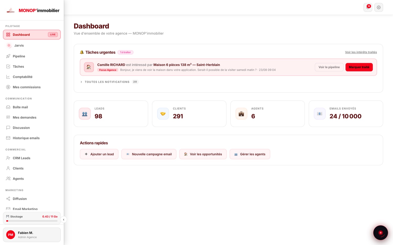 Tableau de bord de l'agence : leads, clients, agents et e-mails envoyés, tâches urgentes et actions rapides.