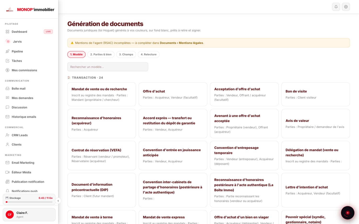 Écran Génération de documents : 24 modèles de transaction, dont mandat de vente, offre d'achat, avis de valeur et bon de visite.