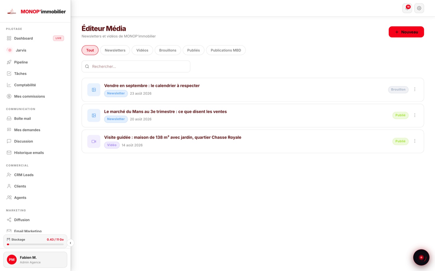 Éditeur Média de l'agence : onglets Newsletters, Vidéos, Brouillons, Publiés et Publications MBD, avec une newsletter en brouillon et deux publications publiées.