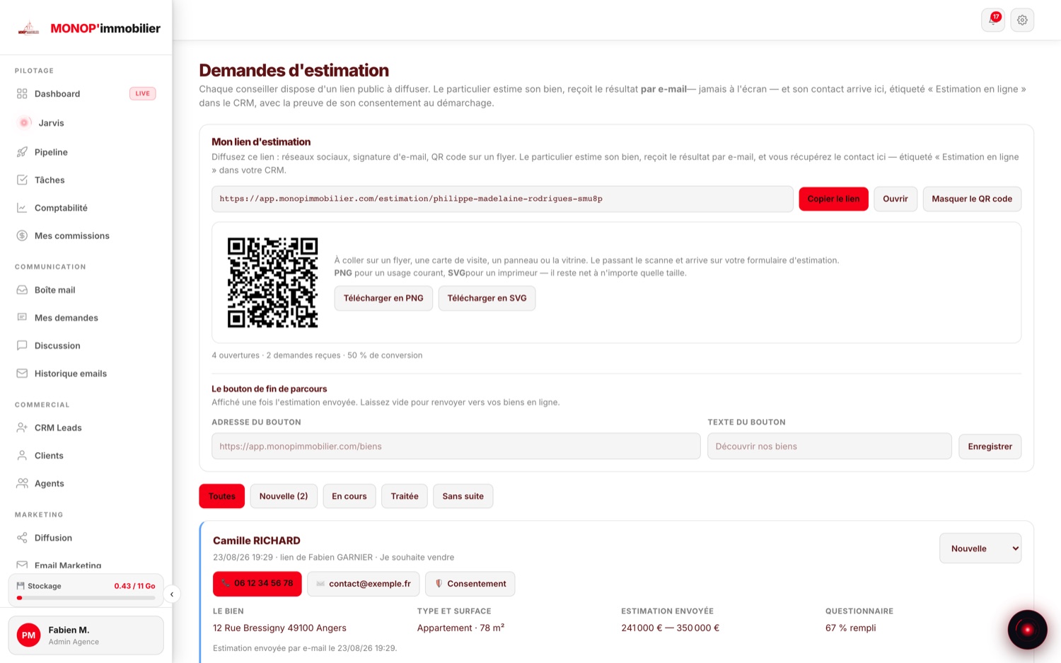 Écran Demandes d'estimation : le lien public du conseiller, son QR code téléchargeable en PNG et en SVG, le taux de conversion, et la demande reçue avec téléphone, consentement, bien, estimation envoyée et questionnaire rempli.