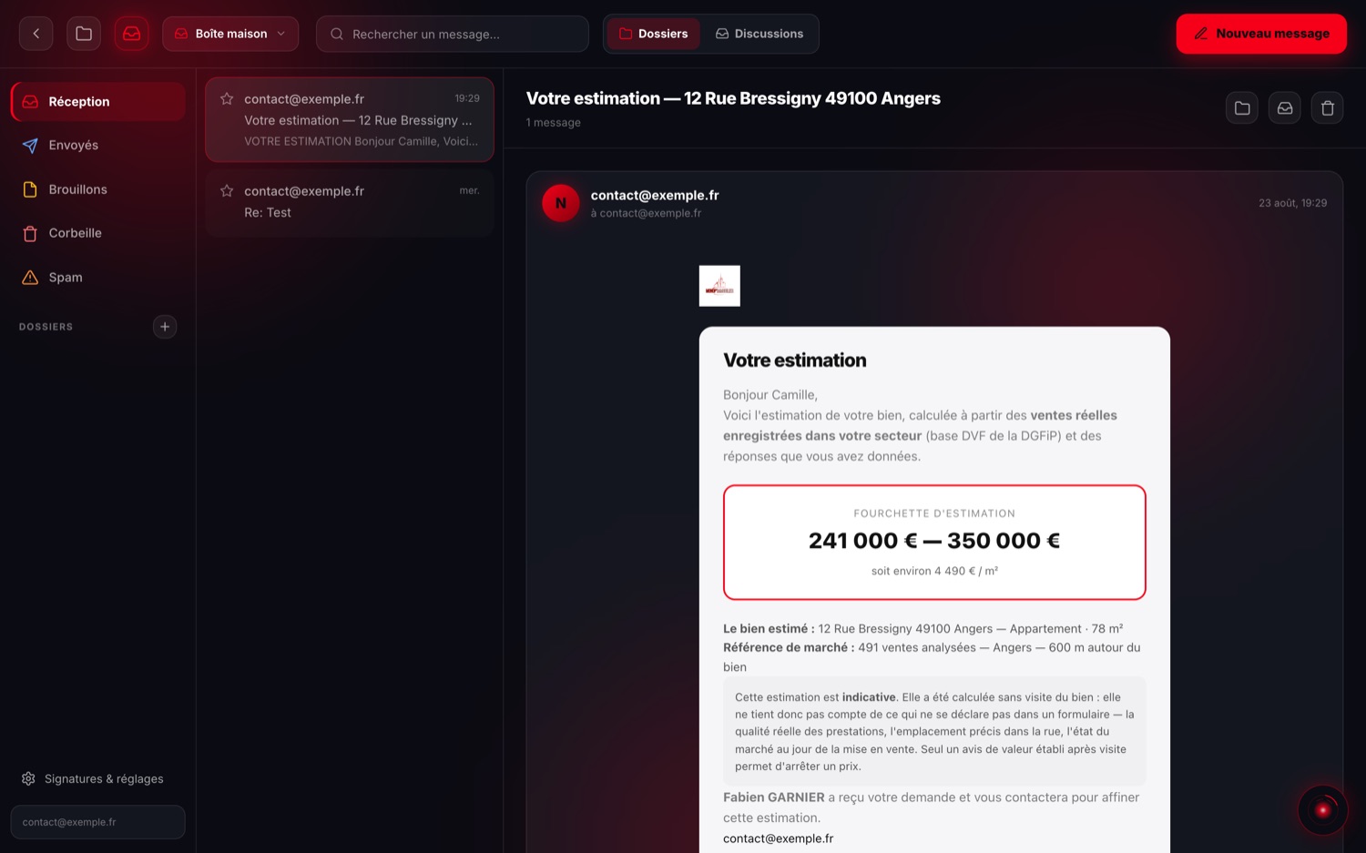 L'e-mail reçu par le vendeur : logo de l'agence, fourchette d'estimation de 241 000 à 350 000 euros, prix au m², bien estimé, 491 ventes analysées, mention du caractère indicatif et nom du conseiller qui rappellera.