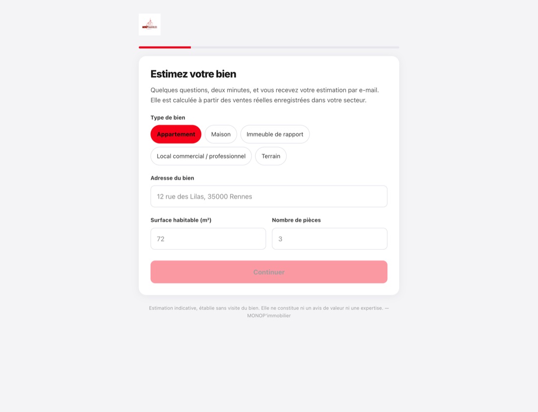 Page publique d'estimation aux couleurs de l'agence : type de bien, adresse, surface habitable et nombre de pièces.