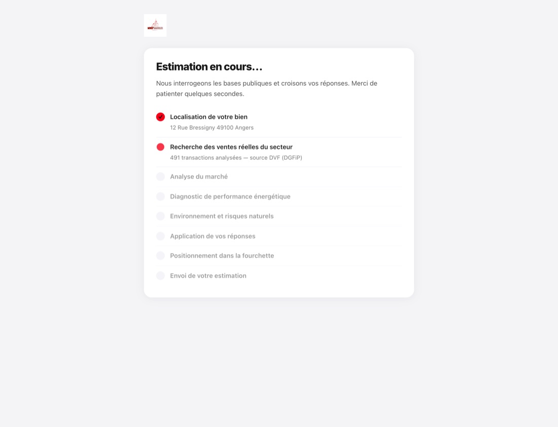 Écran de calcul de l'estimation : localisation du bien, recherche des ventes réelles du secteur avec 491 transactions analysées, analyse du marché, DPE, risques naturels, application des réponses.