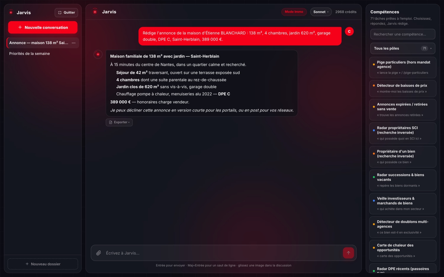 Assistant Jarvis aux couleurs de l'agence : rédaction d'une annonce immobilière complète et panneau des 71 compétences disponibles.