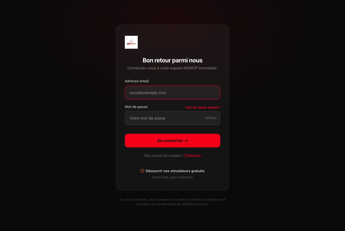 Page de connexion d'une agence en marque blanche, logo rouge et fond clair.