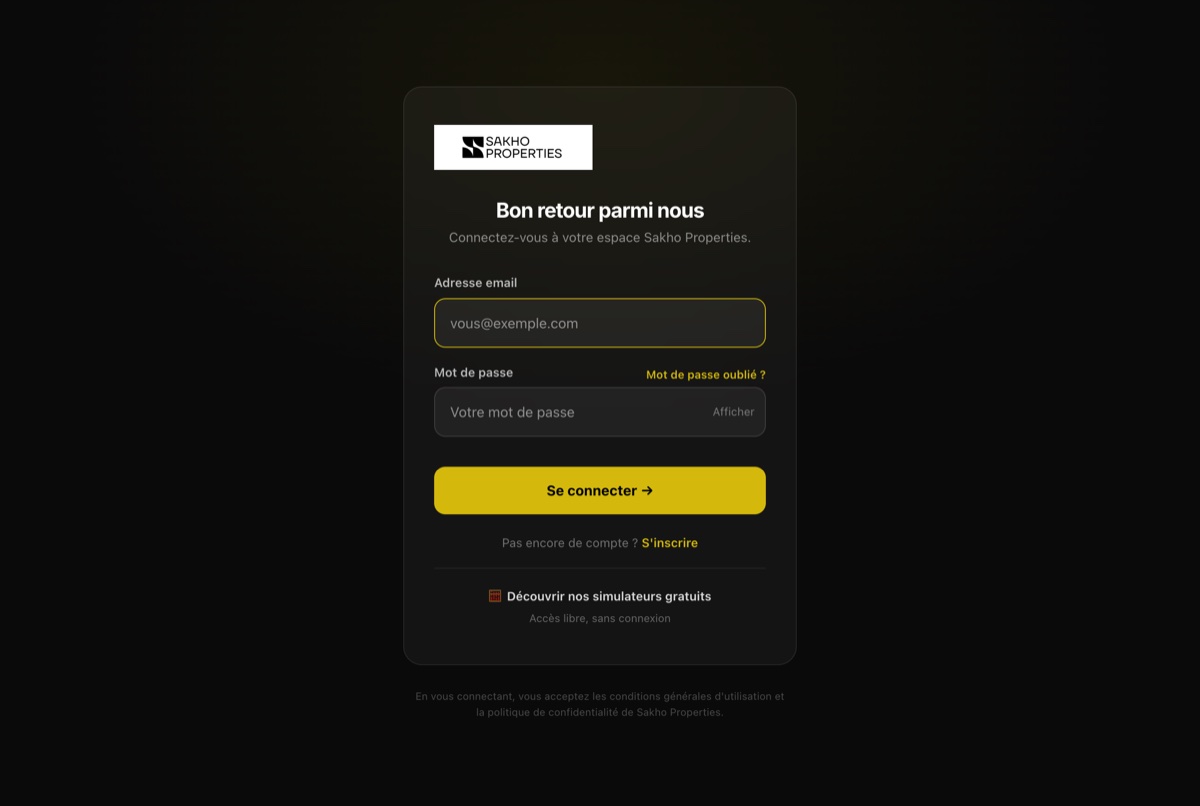 Page de connexion d'une autre agence en marque blanche, logo jaune et fond sombre.