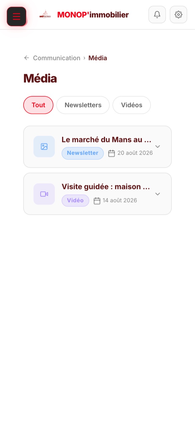 Espace Média sur le téléphone d'un client : la newsletter et la vidéo publiées par l'agence, à sa marque.