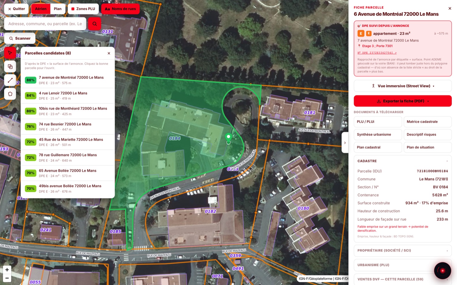 Affinage cadastral : huit parcelles candidates classées par pourcentage de correspondance, et la fiche de la parcelle retenue affichant le DPE suivi depuis l'annonce — appartement de 23 m², étiquette E, étage 3, porte 7301 — avec son numéro de diagnostic ADEME.