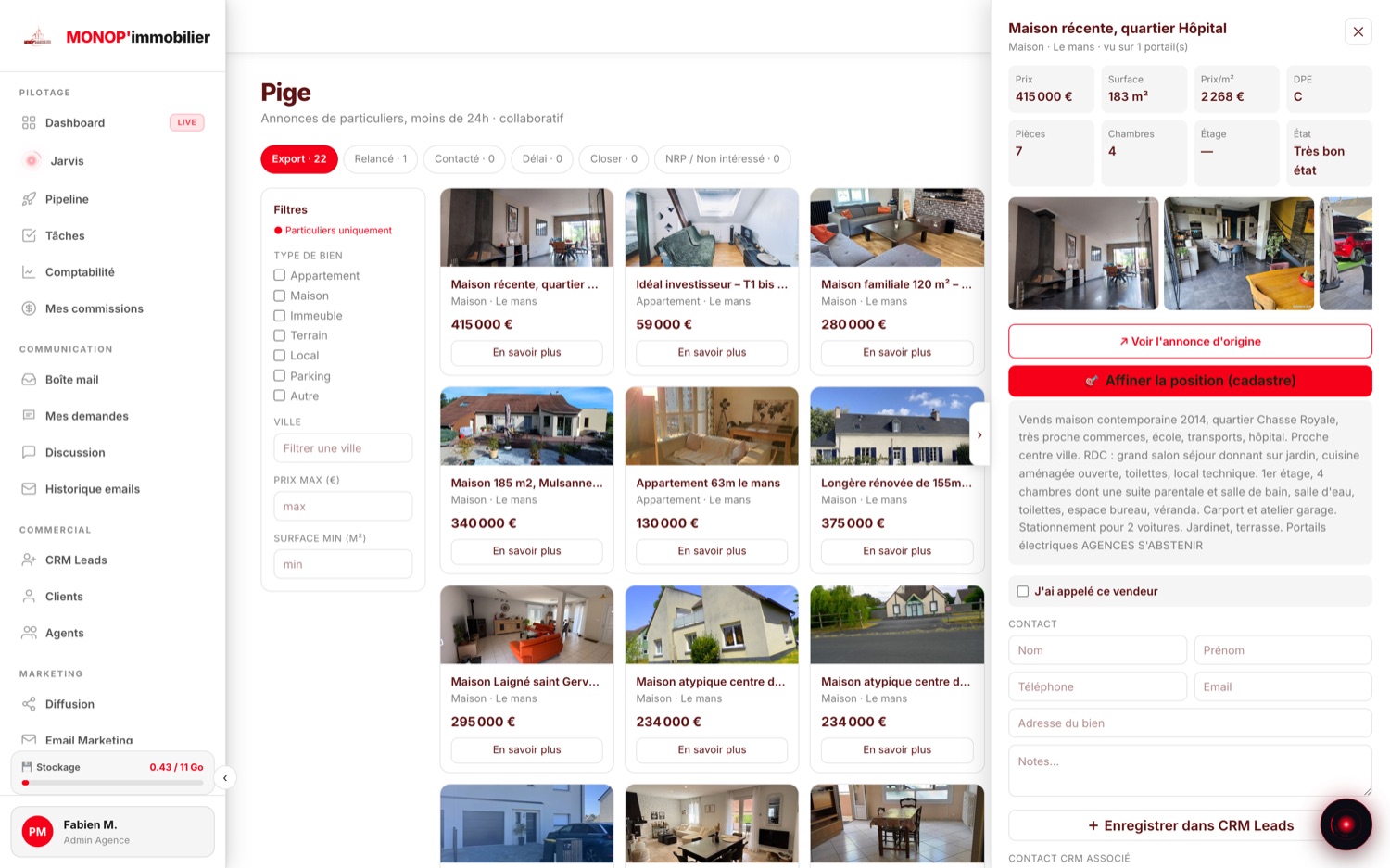 Fiche d'une annonce de pige : prix, surface, prix au m², DPE, pièces, chambres, état, photos, descriptif, bouton Affiner la position (cadastre) et enregistrement dans le CRM.
