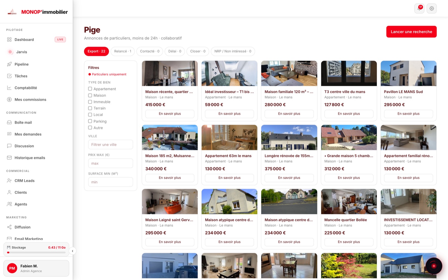 Écran Pige : annonces de particuliers du secteur avec photos, prix et filtres par type de bien, ville, prix et surface.