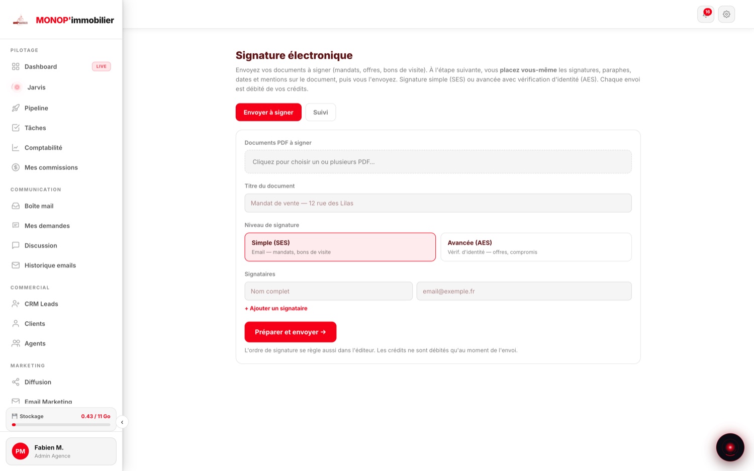 Écran Signature électronique : envoi d'un document à signer, choix entre signature simple et signature avancée avec vérification d'identité.