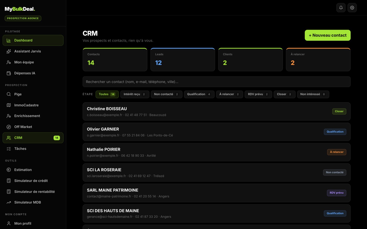 CRM personnel MyBulkDeal : 15 contacts, compteurs leads, clients et à relancer, filtres par étape commerciale.
