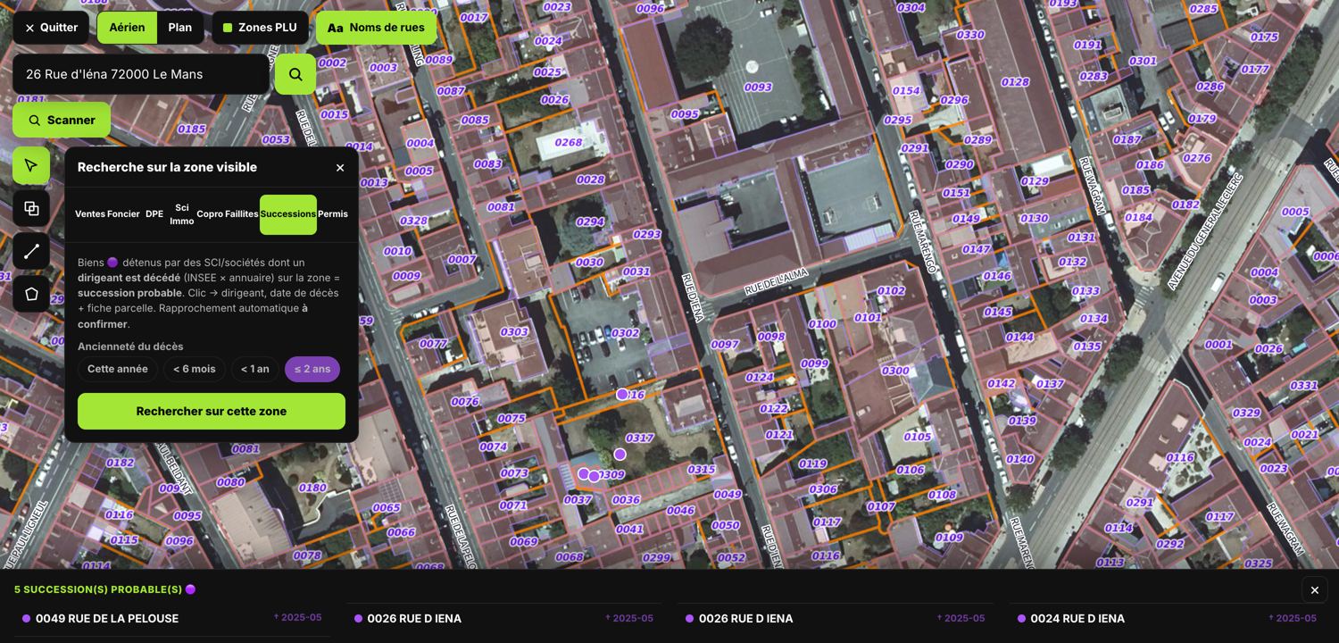 ImmoCadastre : onglet Successions, cinq successions probables pointées en violet sur la carte, avec l'adresse et la date du décès.