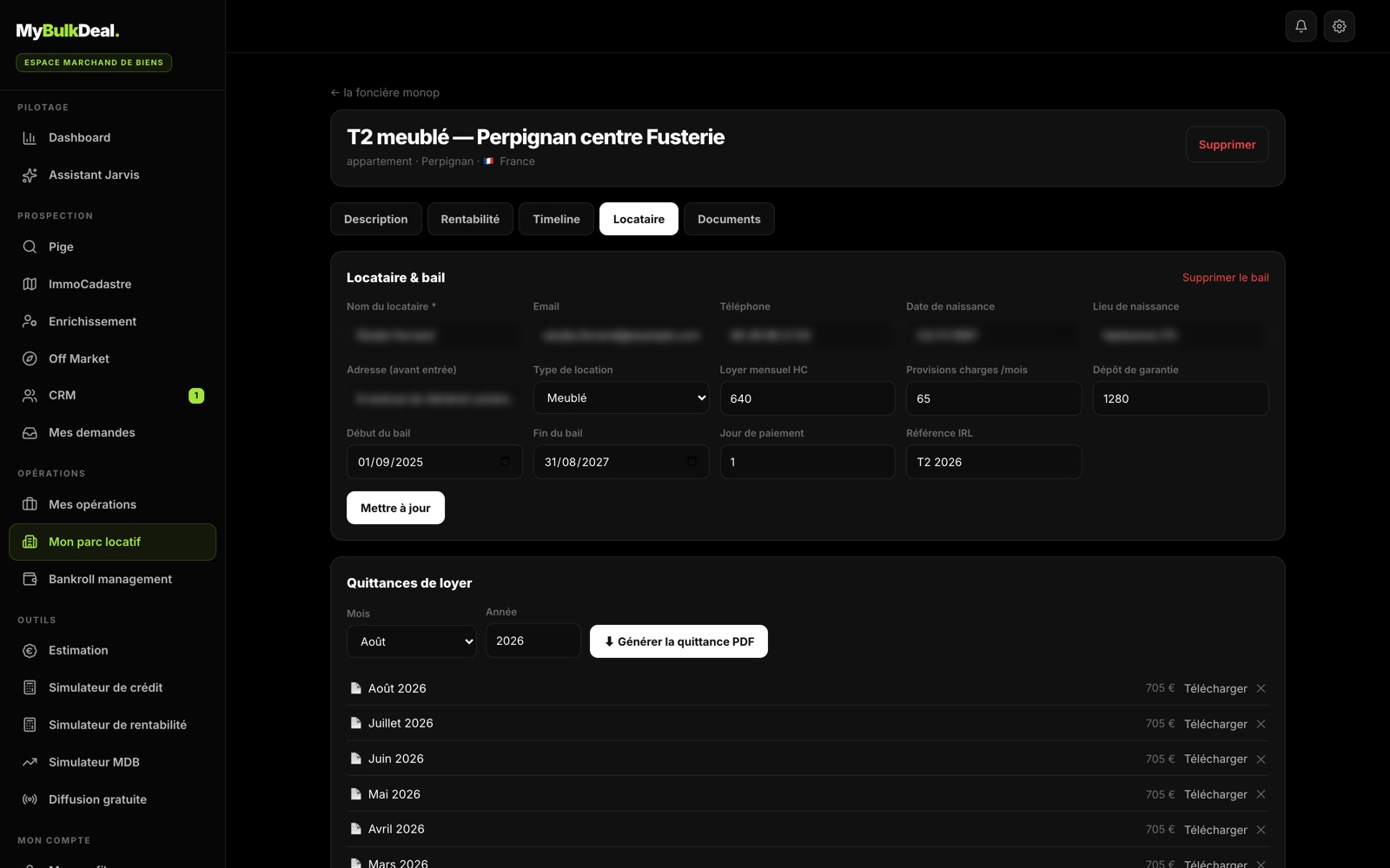 Onglet Locataire d'un bien : le bail (type, loyer, provisions de charges, dépôt de garantie, dates, référence IRL) et la liste des quittances de loyer mensuelles générées en PDF.