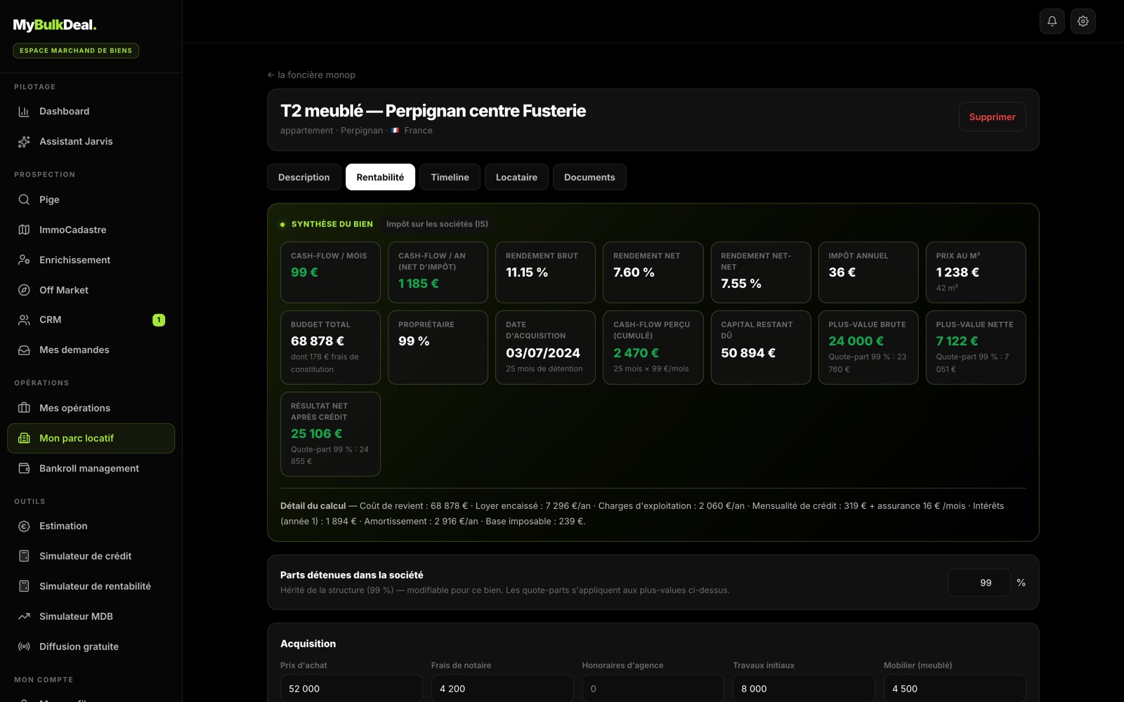 Onglet Rentabilité d'un bien locatif : cash-flow mensuel de 99 €, rendement brut 11,15 %, net 7,60 %, net-net 7,55 %, budget total, capital restant dû, plus-value brute et nette avec quote-part, et résultat net après crédit de 25 106 €.