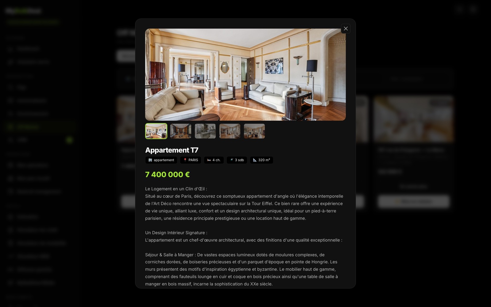 Fiche d'un bien Off Market : appartement T7 de 320 m² à Paris affiché à 7 400 000 €, avec galerie de photos et descriptif complet.
