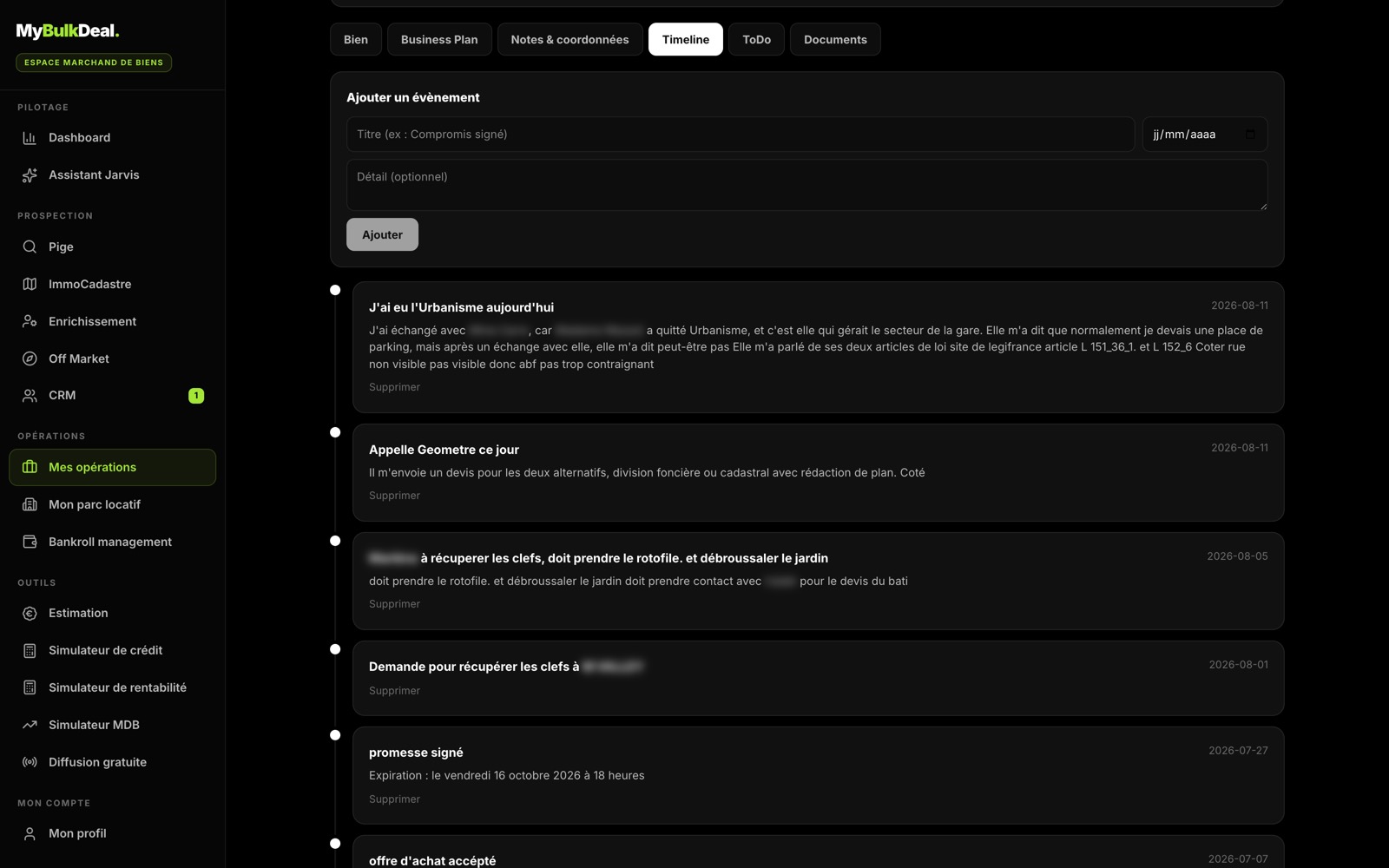 Onglet Timeline d'une opération : journal daté des évènements — rendez-vous d'urbanisme, devis du géomètre, promesse signée, offre d'achat acceptée.